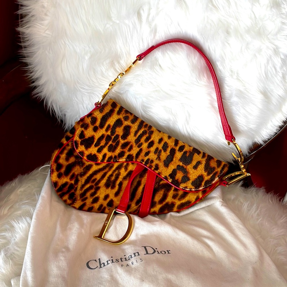 100% AUTHENTIC DIOR SADDLE BAG IN LEOPARD PRINT AND RED LEATHER